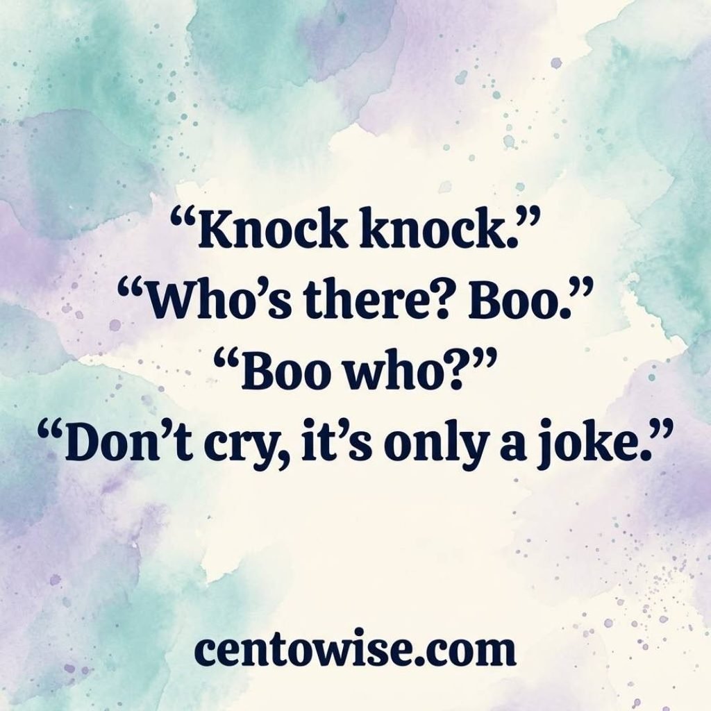 Calm watercolor teenager knock knock joke about boo in bold navy text on a teal and lavender background
