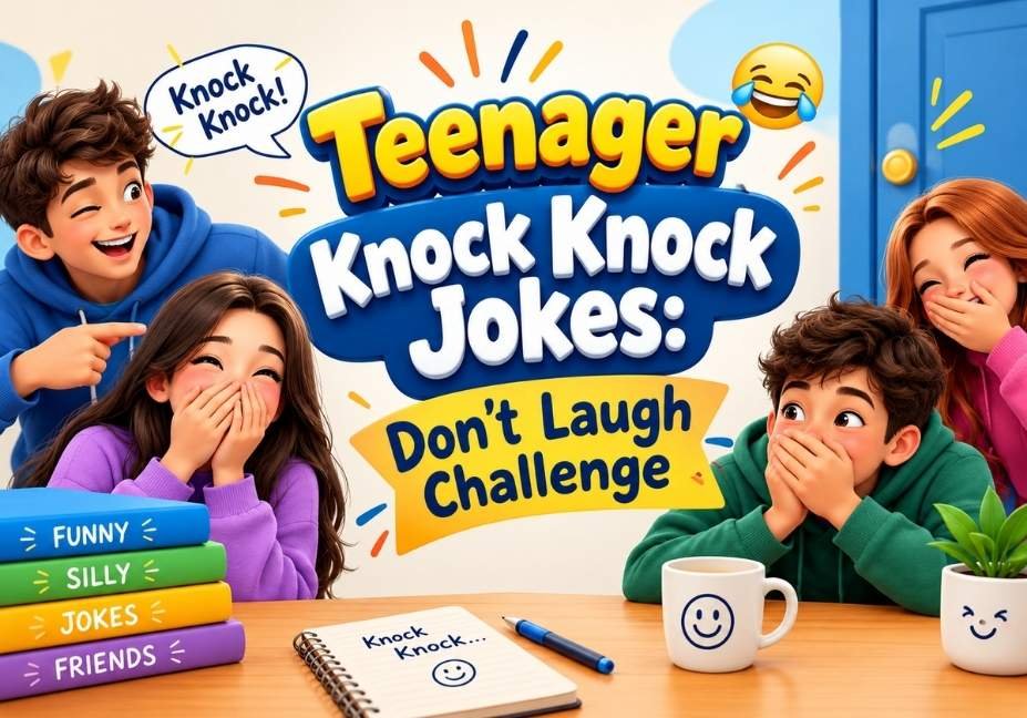 Teenager Knock Knock Jokes: Don't Laugh Challenge – colorful 3D cartoon illustration of laughing teenagers, funny speech bubbles, a blue door, joke books, and playful emojis.