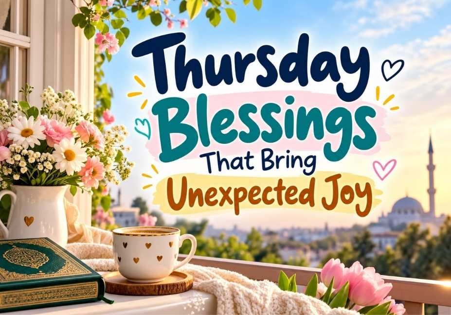 Thursday blessings that bring unexpected joy with beautiful flowers, a warm cup of coffee, a peaceful morning view and uplifting Thursday blessings text.