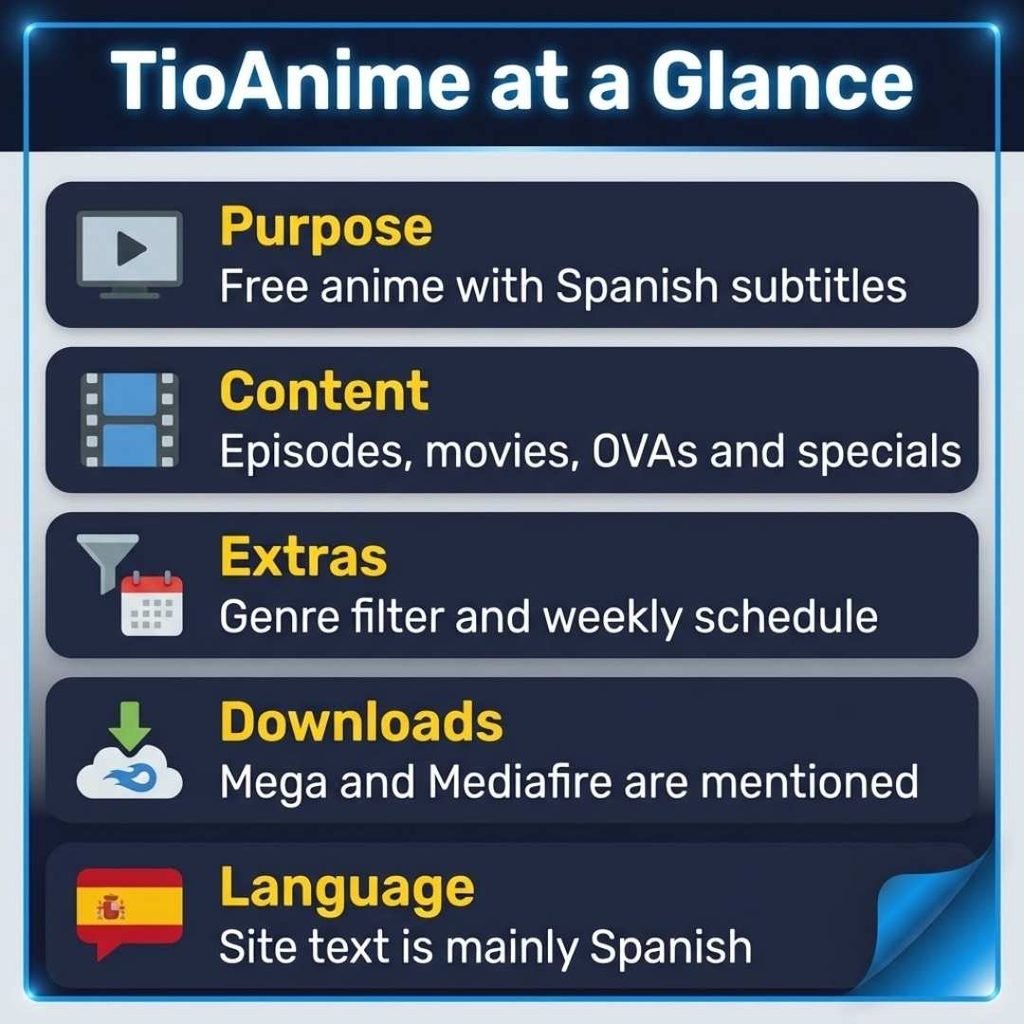 TioAnime review infographic listing purpose, content types, extras, downloads and language
