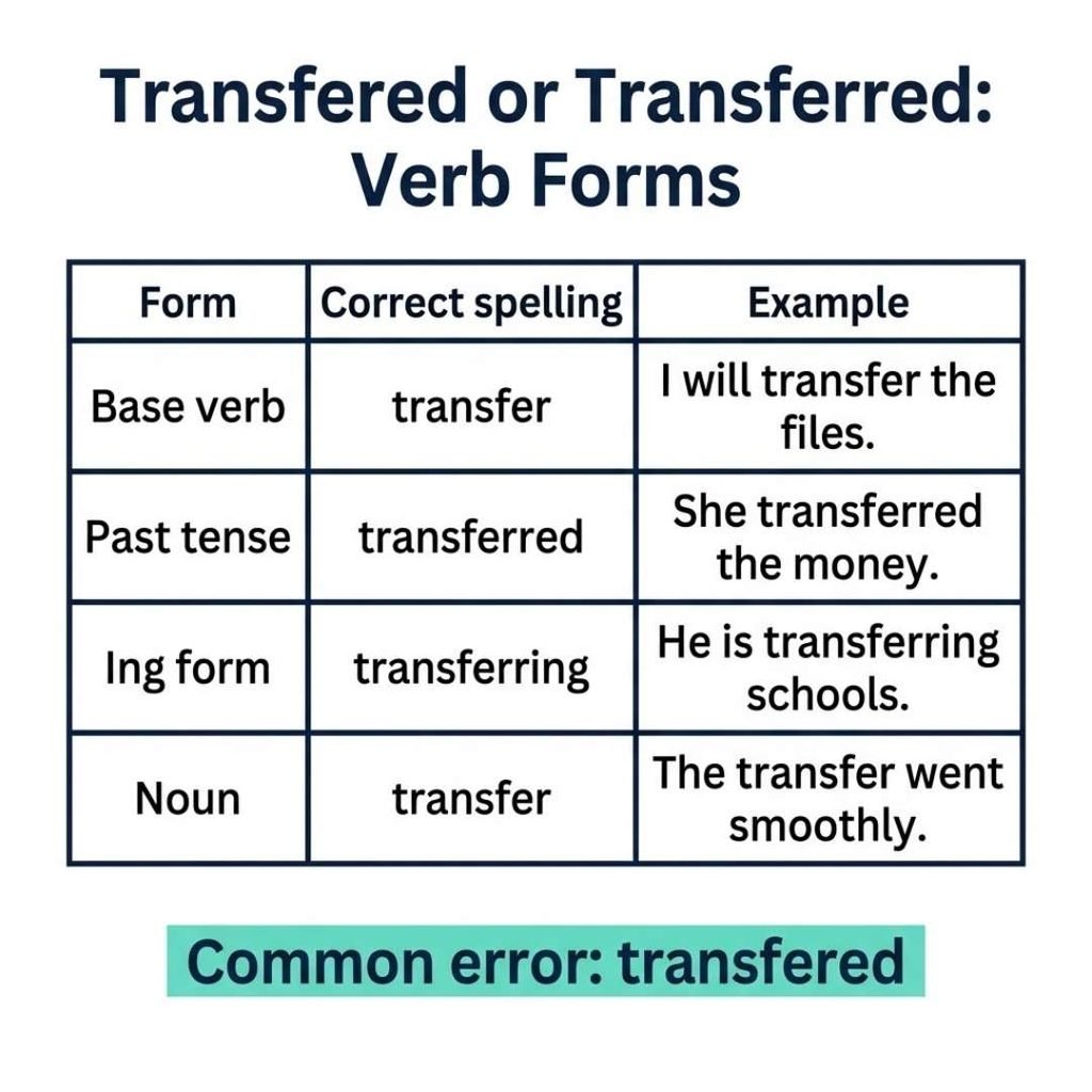 Transfered or transferred verb forms chart showing transfer, transferred, transferring and the noun transfer
