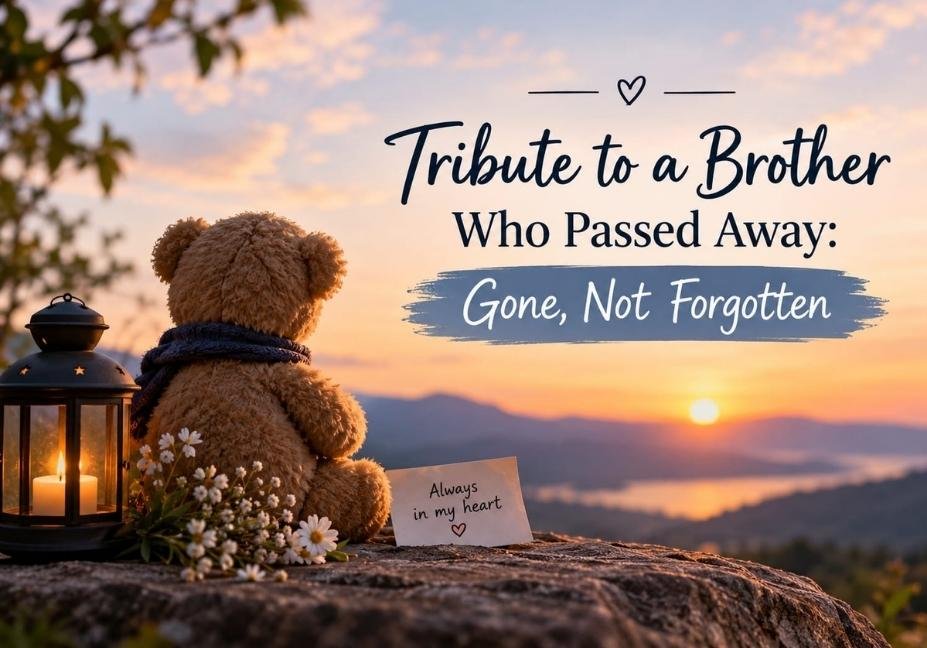 Tribute to a brother who passed away with a teddy bear, candle lantern, white flowers and a peaceful sunset, symbolizing love, remembrance and a brother gone but not forgotten.