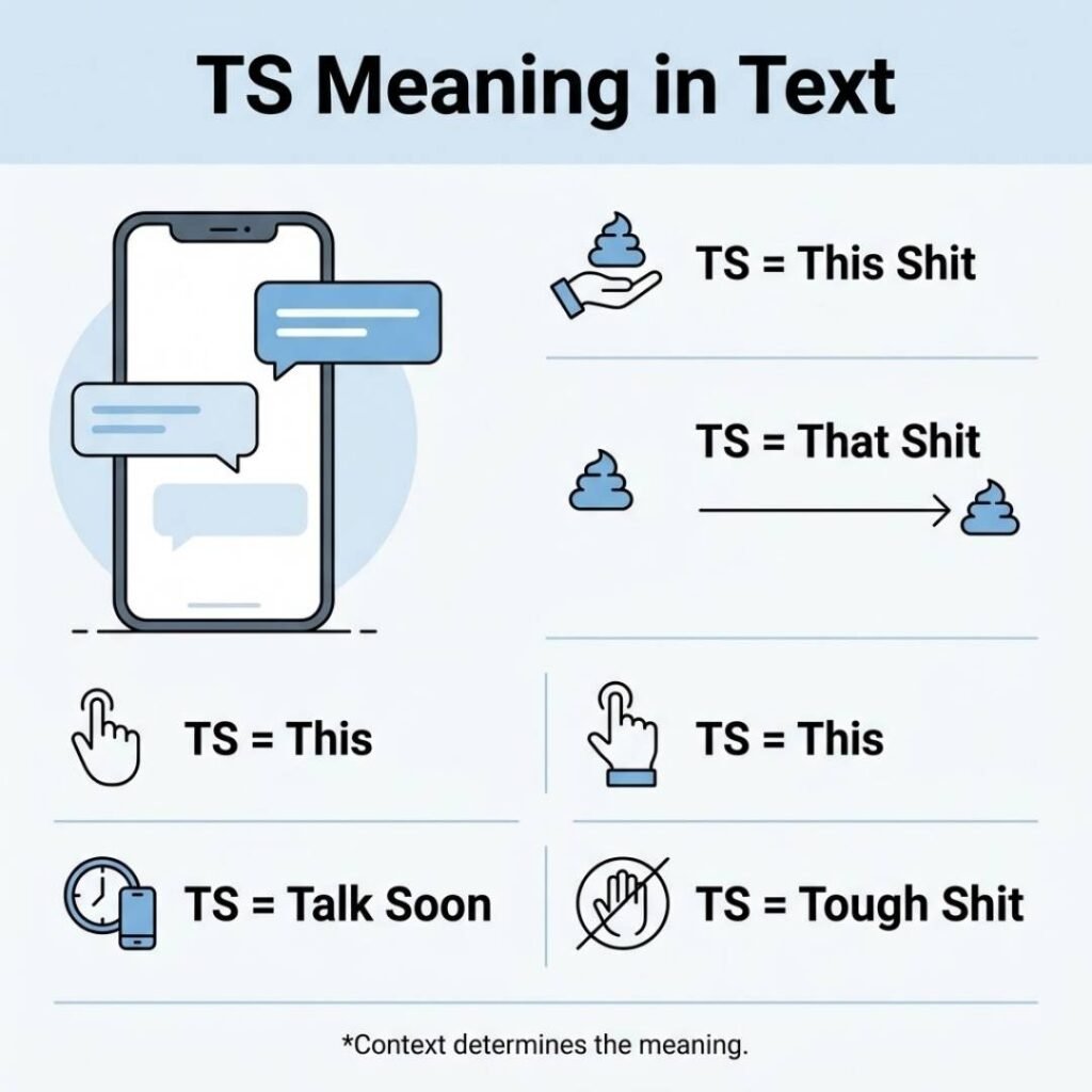 Infographic showing common TS meanings in text messages including this shit and that shit