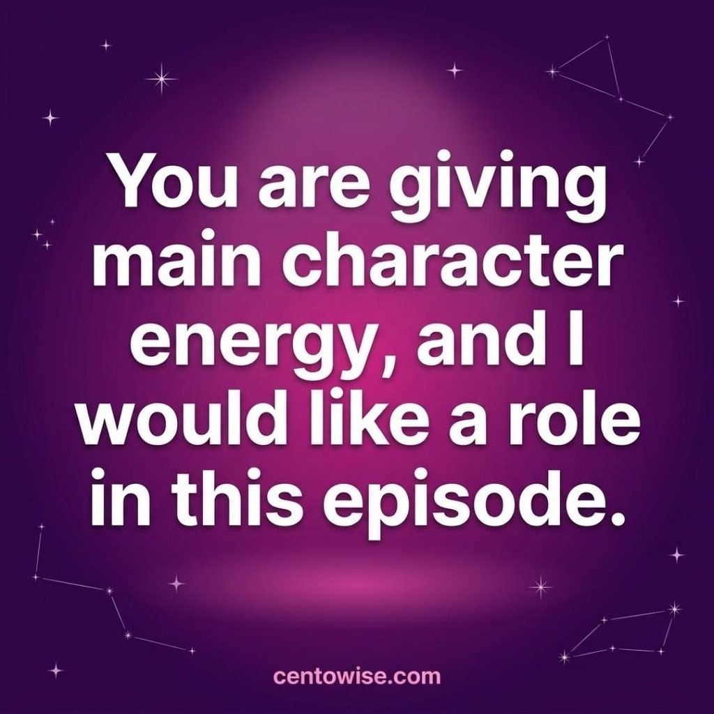 Gen Z rizz line about main character energy, shown in bold white text on a purple gradient