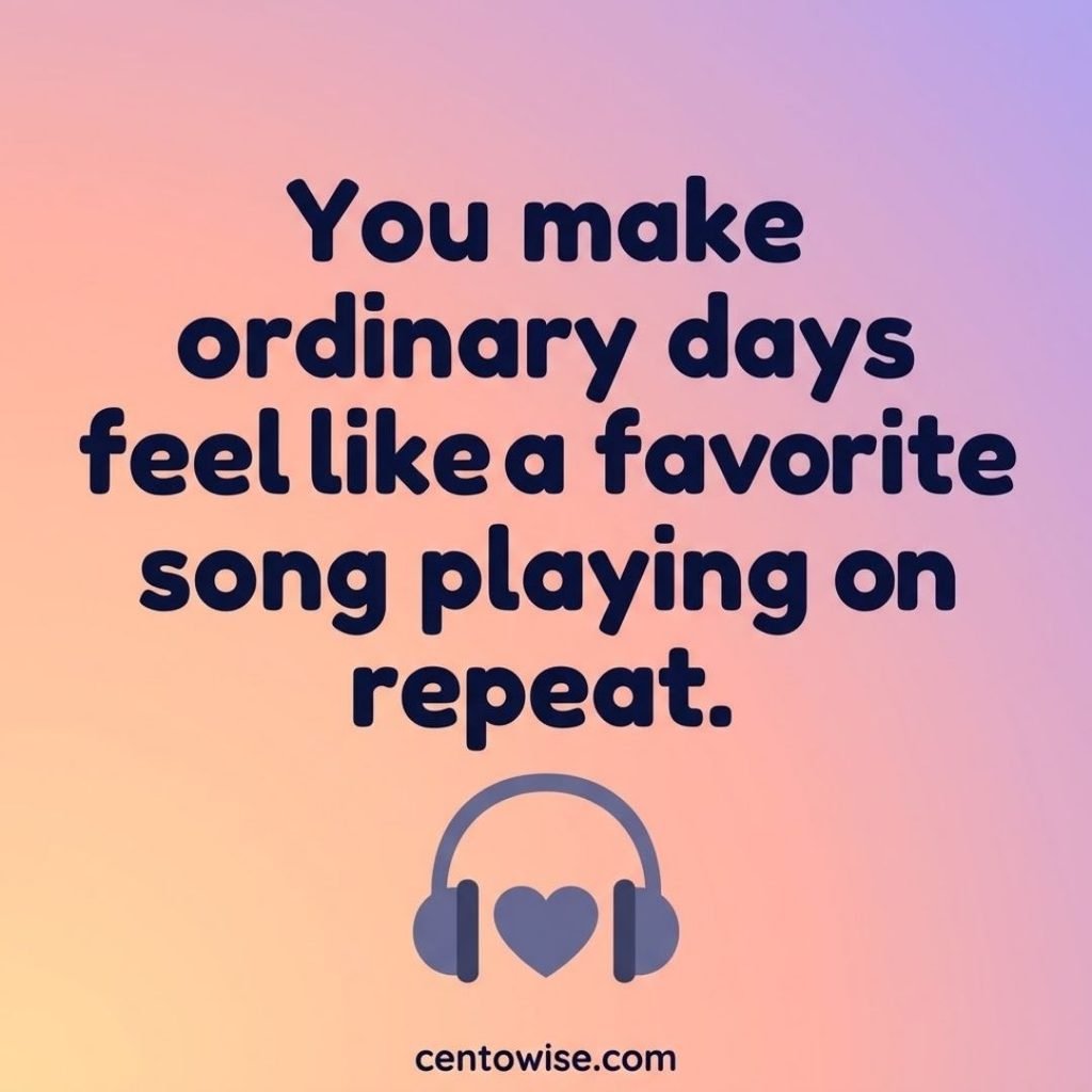 Romantic W rizz pick up line about a favorite song, in navy text on a peach and lavender gradient