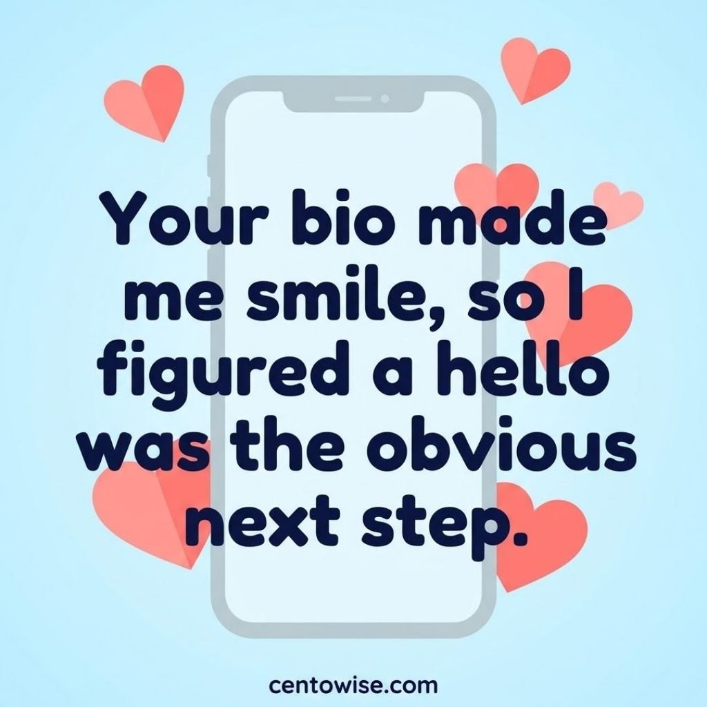 Dating app rizz line about a bio that made someone smile, in navy text on a sky-blue background