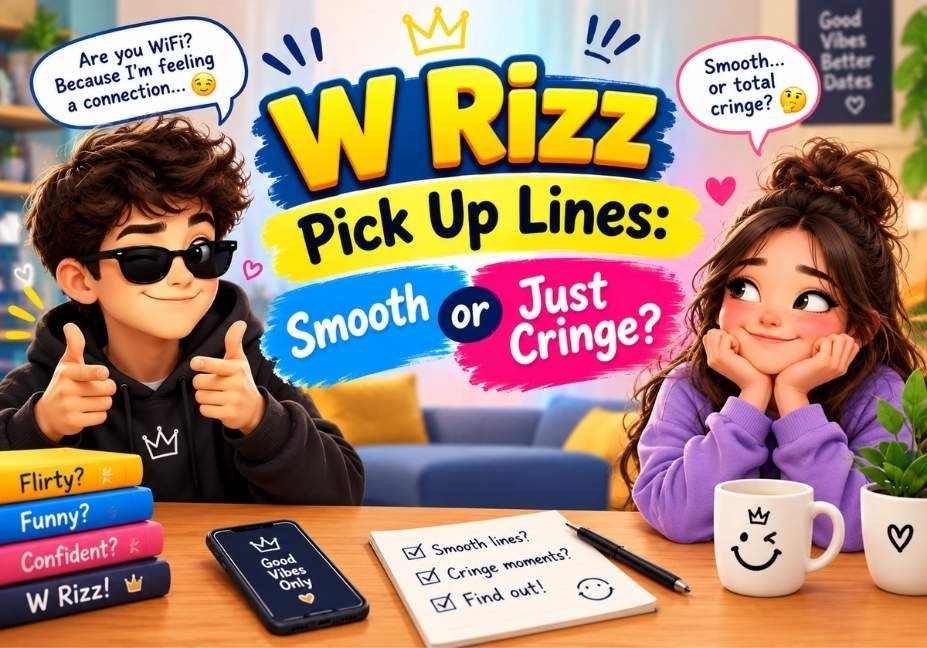 W Rizz Pick Up Lines: Smooth or Just Cringe? cute 3D cartoon teens with flirty speech bubbles and heart icons.