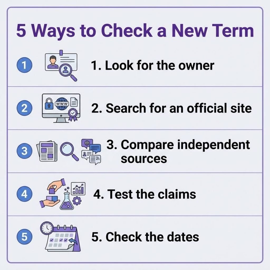 Five step checklist for verifying a new term or unclear website claim